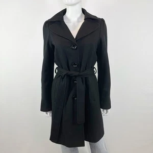 Guess Black Belted Wool Trench Coat Size M Collared Winter Casual Preppy Classic - Picture 1 of 7