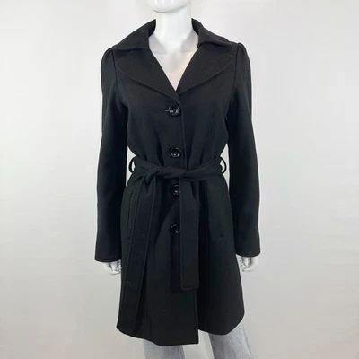 Guess Black Belted Wool Trench Coat Size M Collared Winter Casual Preppy Classic - Image 1 of 4