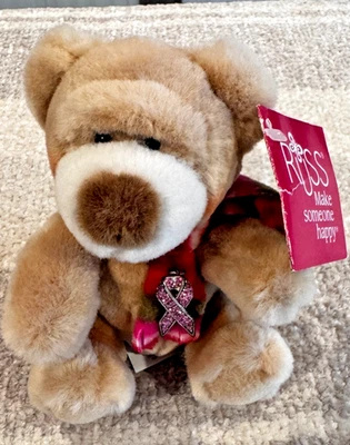 Russ Berrie *CUBLY* 米色毛绒填充熊带围巾 6 英寸 #32201 — 第 1/4 张图片