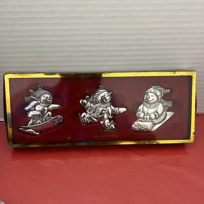 Muñeco de nieve de invierno vintage Gorham plateado adornos para árbol de Navidad en caja Foto 1 de 4