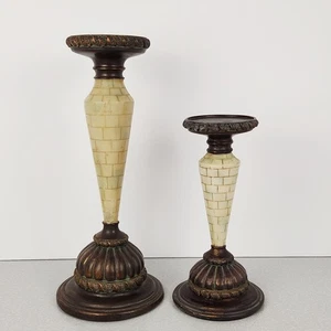 Mastercraft Pillar Candle Holders Faux Antique Bronze & Stone 9.5" & 13.5" - Picture 1 of 9