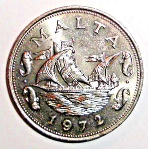 Moneda Malta 1972 10 centavos barcaza del Gran Maestro barco barco pesquero océano náutico - Imagen 1 de 2