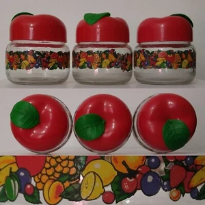 Vintage 1970s Glass Storage Jars Red Tomato Plastic Lid - Picture 1 of 9