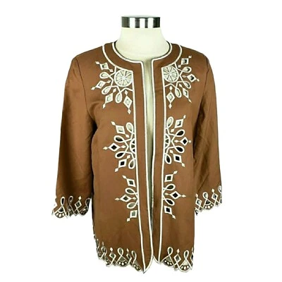 Chaqueta Bob Mackie Lino Marrón Bordado Ojales Frente Abierto Mujer Pequeña Foto 1 de 4
