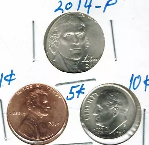 2014 Drei brillante unzirkulierte Geschäftsstreikmünzen in Philadelphia 1C, 5C, 10C - Bild 1 von 2