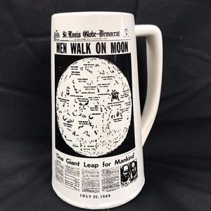 MEN WALK on MOON Beer Stein Mug Ceramic St Louis Globe Democrat Headlines VTG - Picture 1 of 6