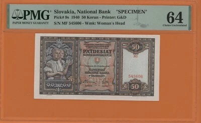 SLOVAKIA  SPECIMEN  50 KORUN   1940  PICK # 9s PMG 64 CHOICE UNCIRCULATED. - Image 1 of 2
