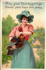 Postal de Acción de Gracias para mujer sosteniendo Turquía Alegre 1912 Hospital de la Ciudad Warren OH - Imagen 1 de 2