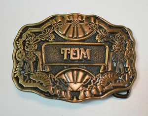 Vintage 1970s Oden Inc Personalized TOM Belt Buckle Brass Ornate Patina - Picture 1 of 2
