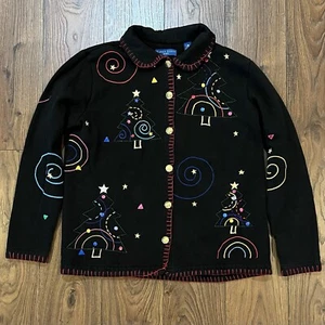 Vintage Karen Scott Womens Medium M Christmas Sweater Cardigan Ugly Black - Picture 1 of 6