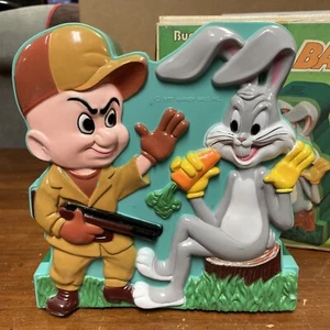 Very Rare Vintage 1977 Warner Bros Bugs & Elmer Fudd Talking Piggy Bank w/Box - Picture 1 of 15