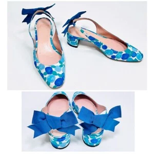 Women's J.Crew Aqua Blue Turquoise Floral Print Bow Slingback Heels - Picture 1 of 9