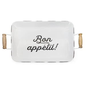 White Enamel Bon Appetit Tray, Rustic Farmhouse Style Serving Platter - Picture 1 of 8