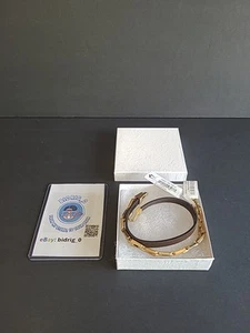 Bulova Men's Gold Tone Stainless Steel & Brown Leather Double Wrap Bracelet. New - Picture 1 of 8