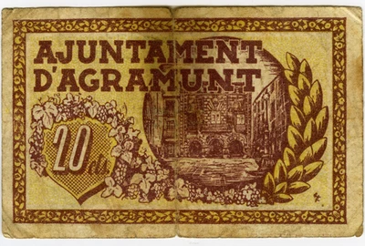 # SPAIN CIVIL WAR 1937 • AGRAMUNT 20c. MUNICIPAL ☆ GUERRA CIVIL ESPAÑOLA  ☆D1373 - Image 1 of 2