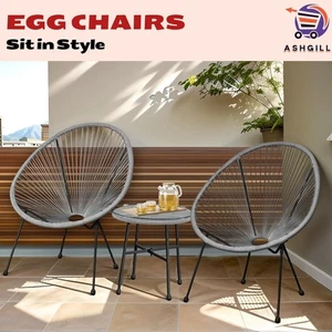 Outdoor 3pc Patio Egg Chair Set of 2 Garden Bistro Chairs & Coffee Table UK - Picture 1 of 22