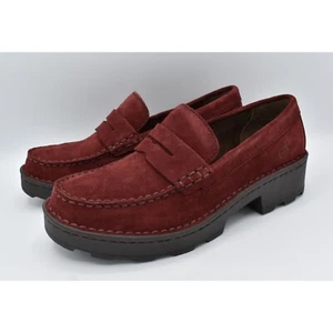 Born Women Size 7 Carrera Lugged Sole Burgundy Slip On Suede Penny Loafers Shoes - Picture 1 of 11
