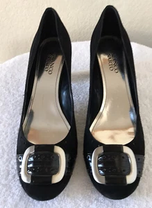 FRANCO SARTO Black Suede Heel Round Toe Buckle Pumps Shoes 9.5M - Picture 1 of 8