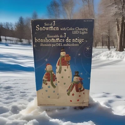 Snowmen Set Of 3 with Color Changing LED Lights - Ceramic Porcelain Snowmen. New Foto 1 de 4