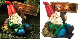 "WELCOME" GNOME & TORTOISE TURTLE SOLAR "LIGHTS-UP" STATUE SCULPTURE SIGN * NIB - Picture 1 of 12