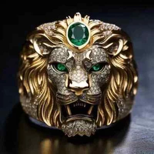 6.00 Ct Oval Cut Lab Created Emerald Men's Lion King Ring 14K Yellow Gold Plated - Picture 1 of 5