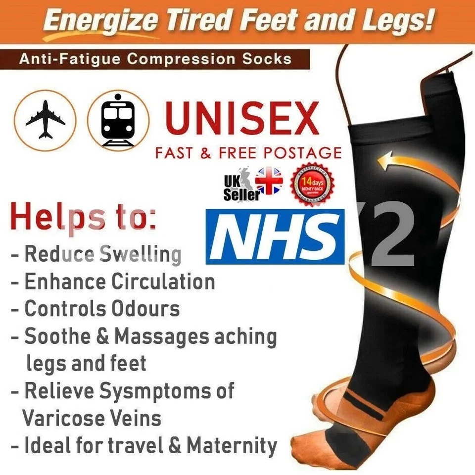 Unisex Copper Infused Anti-Fatigue Compression Socks Varicose Vein Stocking Pair - Image 1 of 4