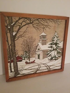 1979 EMBROIDED CALENDAR IN FRAME.CHURCH IN WINTER.15"x15" - Picture 1 of 4