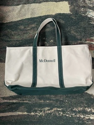 LL Bean Vintage 90s Boat Tote Canvas Bag White Green, Made in USA Zipper Closure - Image 1 of 4