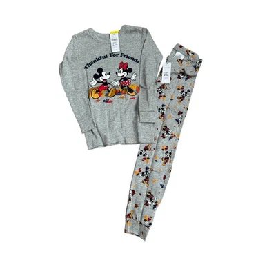 GAP Disney Mickey Mouse Pajama Set Thankful For Friends Thanksgiving Gray 4 NWT - Image 1 of 4