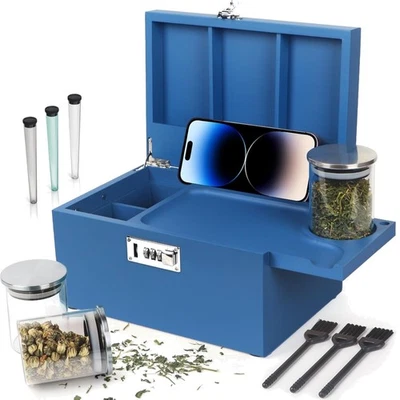 Elegant Blue Bamboo Storage Box with Lock & Customizable Tray - Art Deco Style - Image 1 of 4
