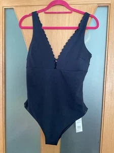 F&F Sz 14 Swimsuit Navy Blue Scalloped Soft Padded With Tummy Control Bnwt - Picture 1 of 4