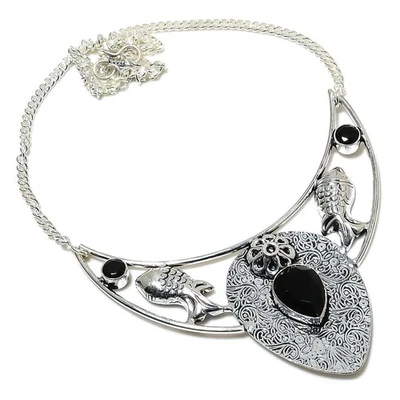 Nero Spinello Gemma Artigianale 925 Sterling Argento Gioielli Collana 45.7cm - Immagine 1 di 4