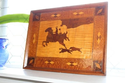 Bandeja de marquetería de madera antigua grande placa zorro inglés caza perros personas a caballos Foto 1 de 4