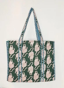 Indian Green Tiger Printed Quilted Shoulder Bag Women's Beach Cotton Handbag US - Picture 1 of 2