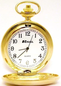 RAVEL POCKET WATCH-Chrome Lid/Chain/Clip-GOLD 12 MONTHS WARRANTY - Picture 1 of 2