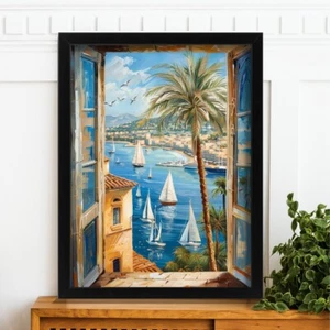 Sailboat Harbor Art Print Mediterranean Coastal Town Open Window View Wall Art - Picture 1 of 2