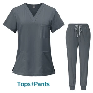 Unisex Stretch Scrub Set Women Medical Nurse Uniform V-Neck Top Jogger Pants - Picture 1 of 68