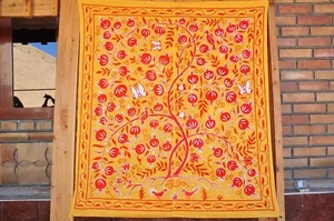 Suzani Table Runner, Uzbek Pomegranate Embroidery, Handmade, Silk/Cotton, Orange - Picture 1 of 11