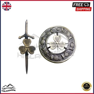 Highland Shamrock Kilt Pin & Brooch Set – Antique Silver Irish Celtic Badge - Picture 1 of 3