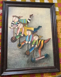 J. Roybal Original Canvas Oil Painting 4 Kids On Scooters (Damaged) Framed  - Picture 1 of 4