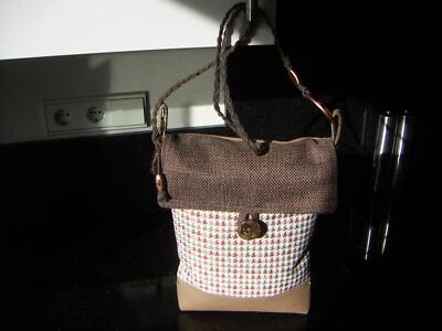 Selbstgenähte Stoff-Ledertasche , Umhängetasche -Beige/braunes Leder + Bezugssto - Bild 1 von 2