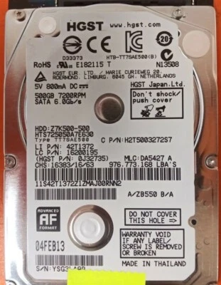 ⭐️⭐️⭐️⭐️⭐️ HDD Hard Drive SATA Laptop 2.5" HGST HTS725050A7E630 500 GB J32735 - Image 1 of 2