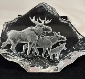Mats Jonasson Schweden Elch & Familie Kunst Glas Briefbeschwerer signiert selten - Bild 1 von 12