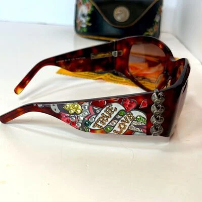 Vintage Ed Hardy Tattoo True Love Bulldog Swarovski Crystal Tortoise Sunglasses - Image 1 of 4