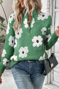 Green Floral Pattern Half Zip Drop Shoulder Sweater - Picture 1 of 8
