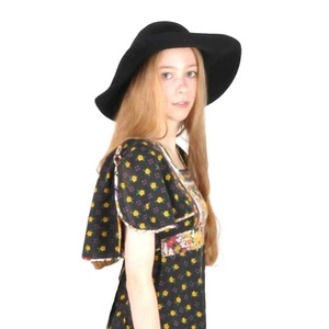 VTG Style Black Felt Floppy Fedora Hat L 58cm BNWT/NEW 100% Wool Wide Brim Hat - Picture 1 of 3