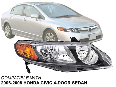 Fits Head Light 2006 2007 2008 Honda Civic 4-Door Sedan Passenger Side HO2503125 - Image 1 of 4