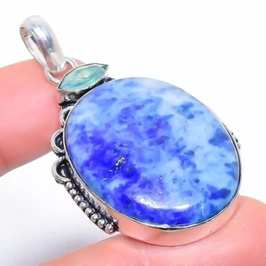 Natural Lapis Lazuli, Green Milky Opal Gemstone Silver Pendant 2.1" L565 - Picture 1 of 7