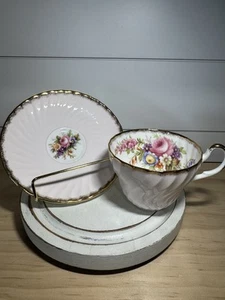 VTG EB Foley Bone China Tea Cup Saucer Pastel Pink Florals Gold Trim Swirl - Picture 1 of 7