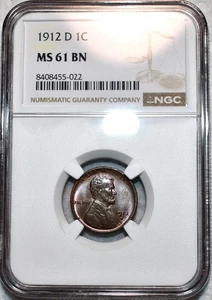 NGC MS-61 BN 1912-D Lincoln Cent, Highly Lustrous w/ Hints of Red, Looks 62-63! - Picture 1 of 2